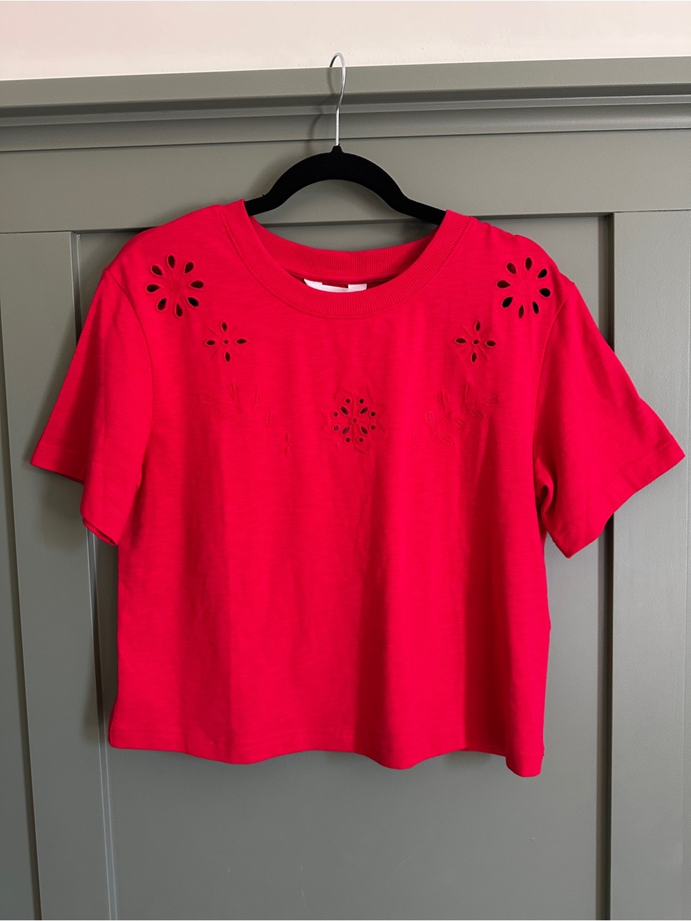 Market & Spruce Red Short Sleeve Tee with Floral Eyelet Details